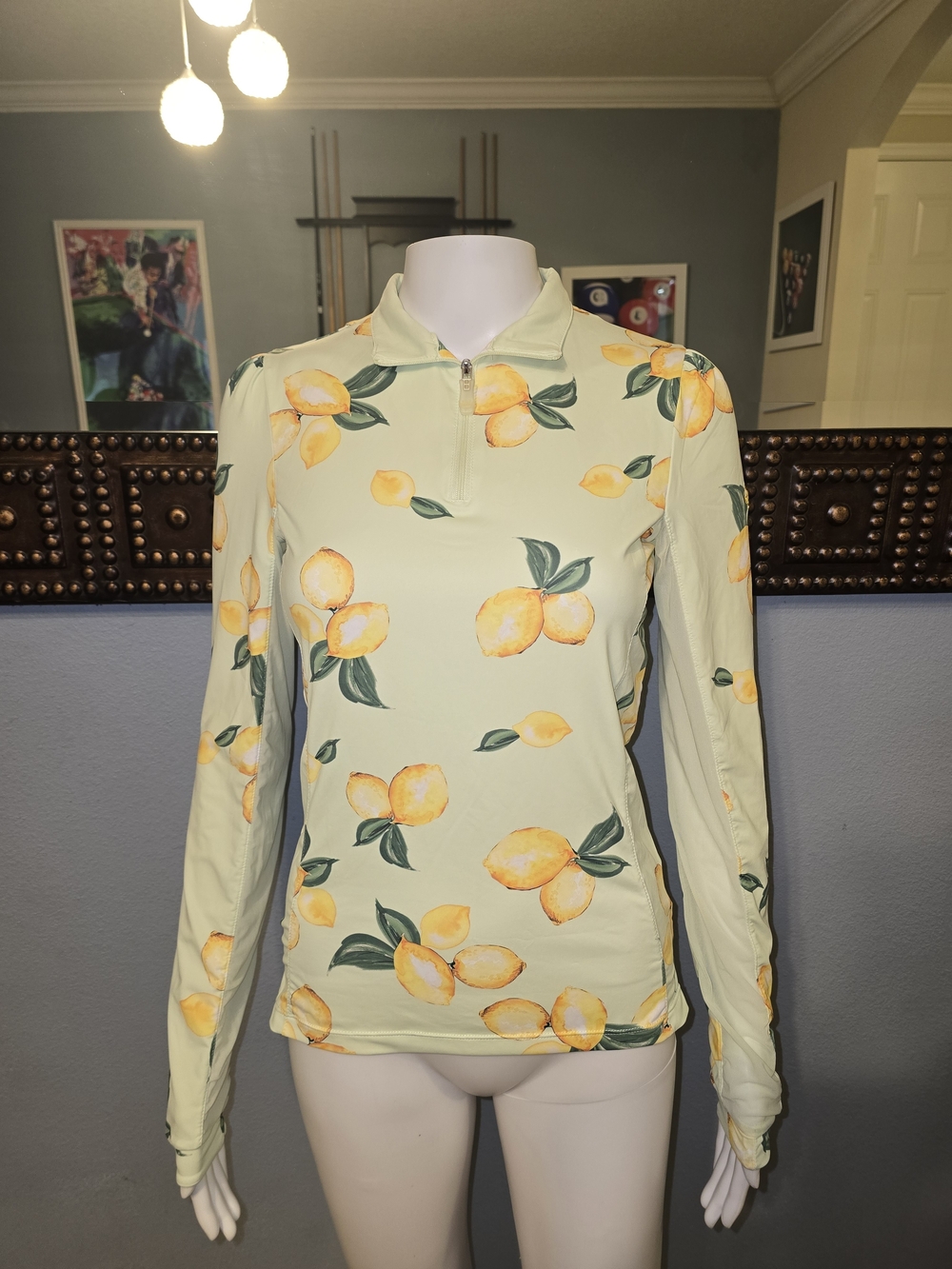 Women's Lemon-Print Long Sleeve Polo Top - Light Yellow